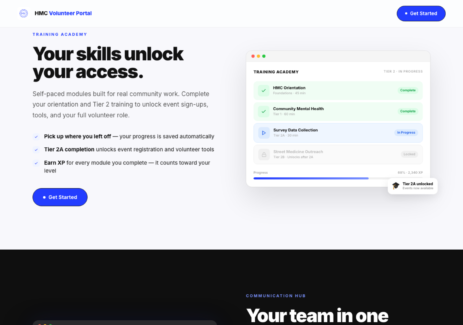 The training academy view listing orientation and tier modules with completion states and a progress bar.