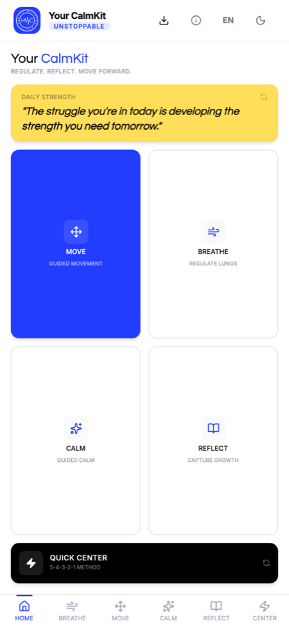 Your CalmKit home screen with Move, Breathe, Calm and Reflect tiles and a quick centering exercise.