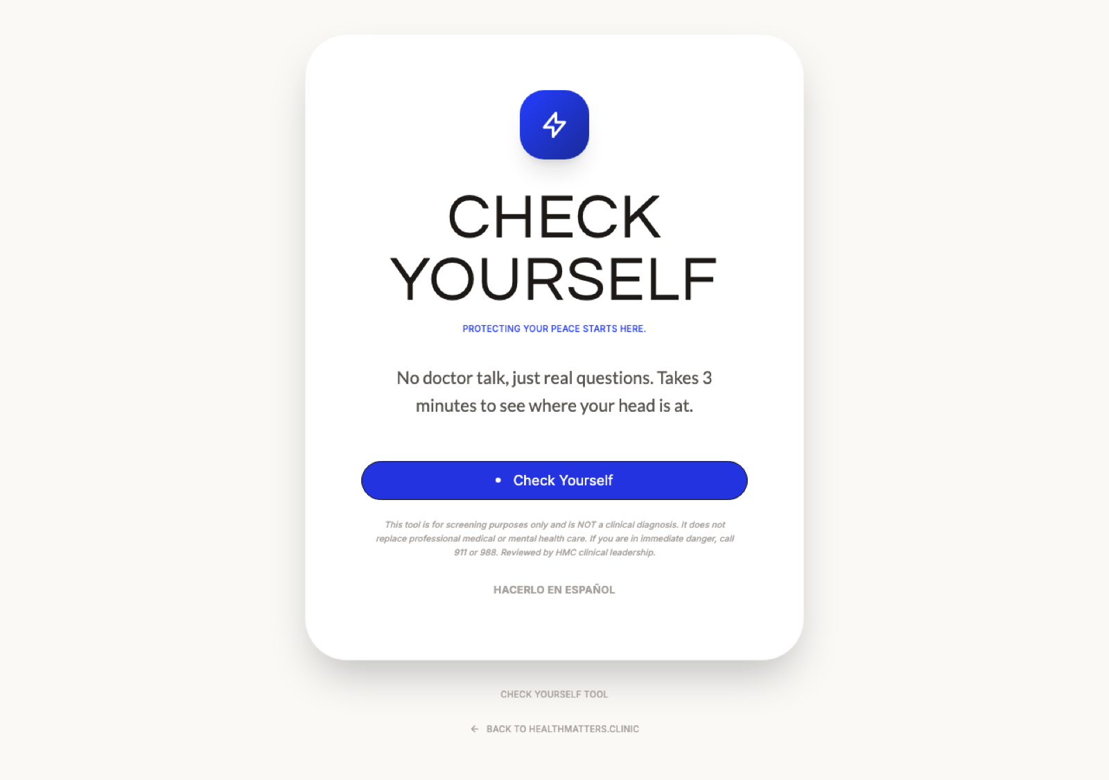 The Check Yourself opening screen offering a three minute private check-in in English or Spanish.