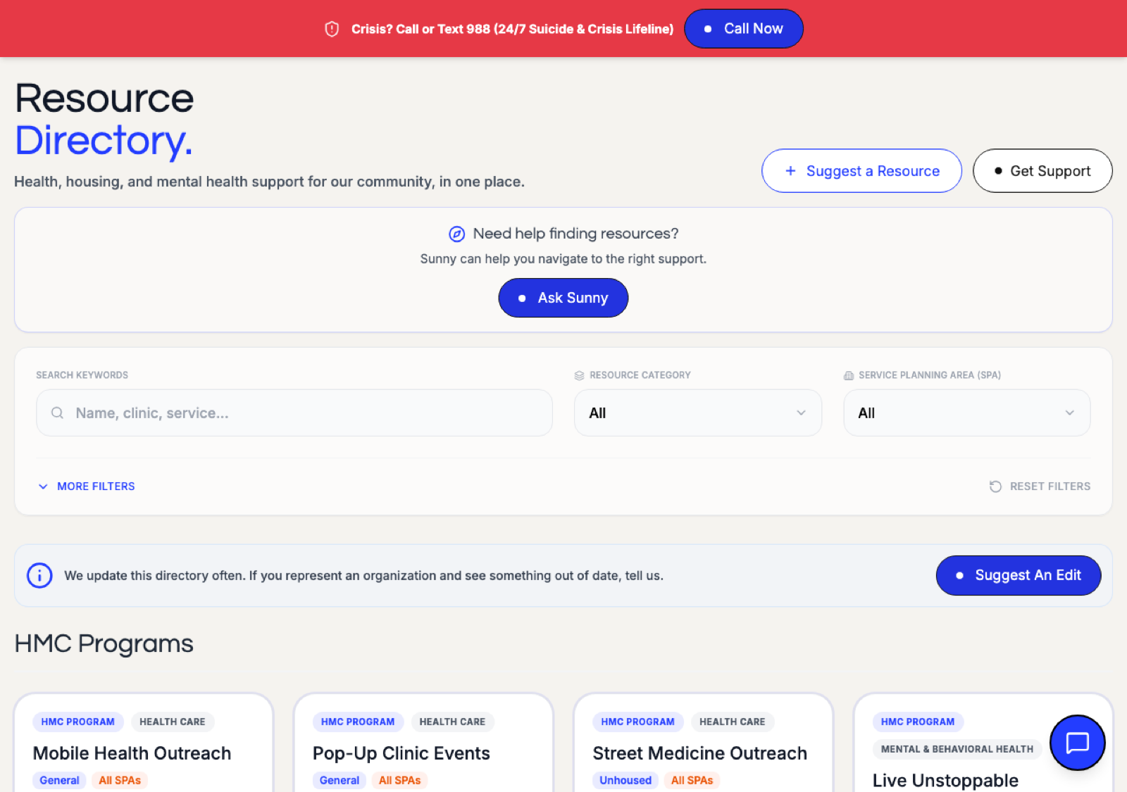 The Resource Directory with keyword search, category filter and a Service Planning Area filter above listings.