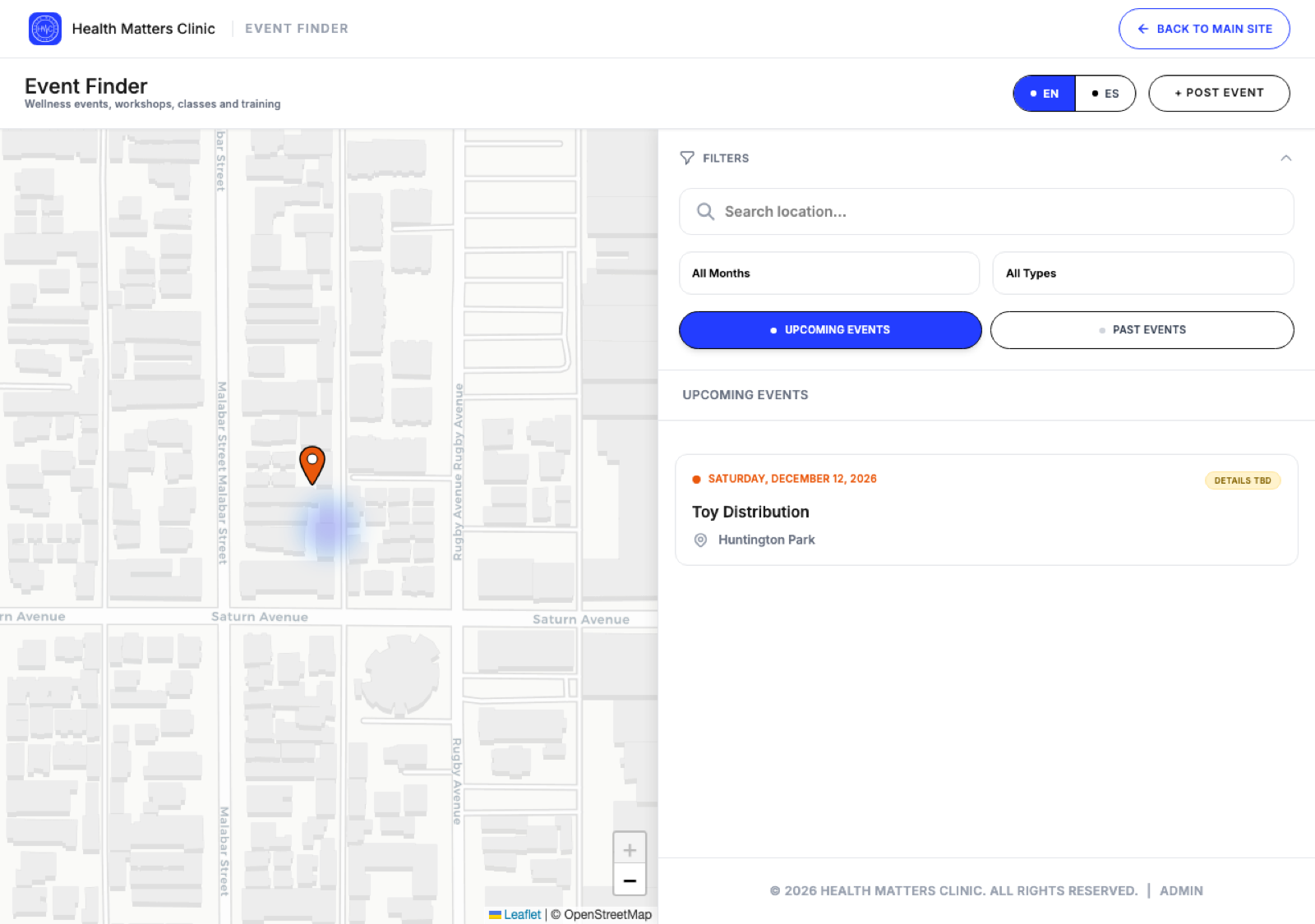 The Event Finder map view with filters for month, type and location beside a list of upcoming events.
