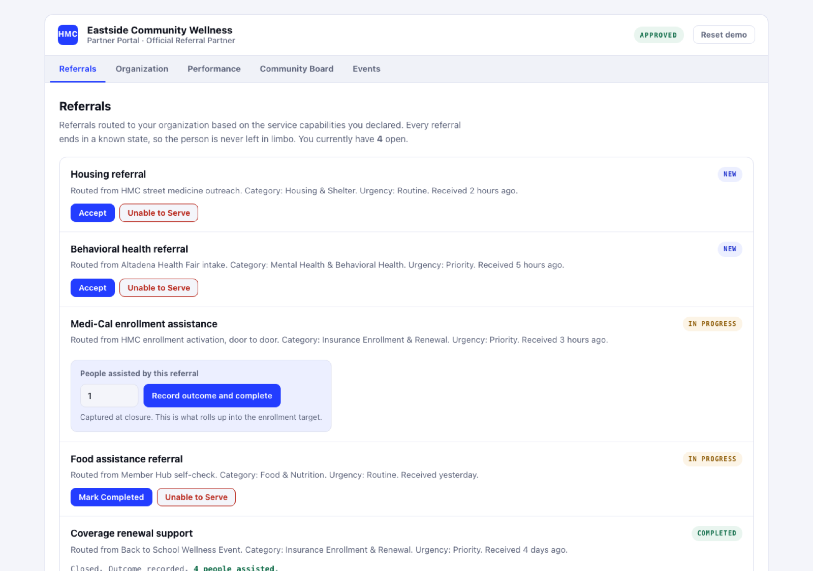 The partner referrals queue showing housing, behavioral health and enrollment referrals with accept and record outcome controls.