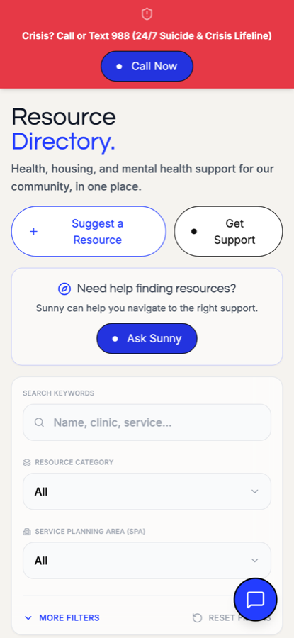 The Resource Directory on a phone with the crisis line banner at the top and the Ask Sunny panel below it.
